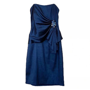 NWT Betsy & Adam Strapless Cocktail Party Formal Dress Metallic Blue Ruched 14
